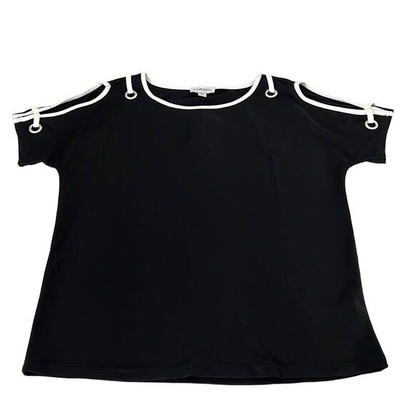 Carmen Marc Valvo NWT Black & White Cold Shoulder Knit Top Blouse Size Small - Picture 7 of 12